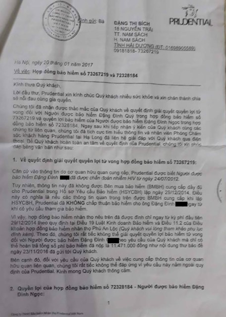  Thông báo của Công ty Bảo hiểm Prudential về việc quyết định giải quyết quyền lợi hợp đồng bảo hiểm với nội dung:Người được bảo hiểm Đặng Đình Q. đã được chẩn đoán nhiễm HIV từ ngày 24/7/2012. Ảnh: PV 